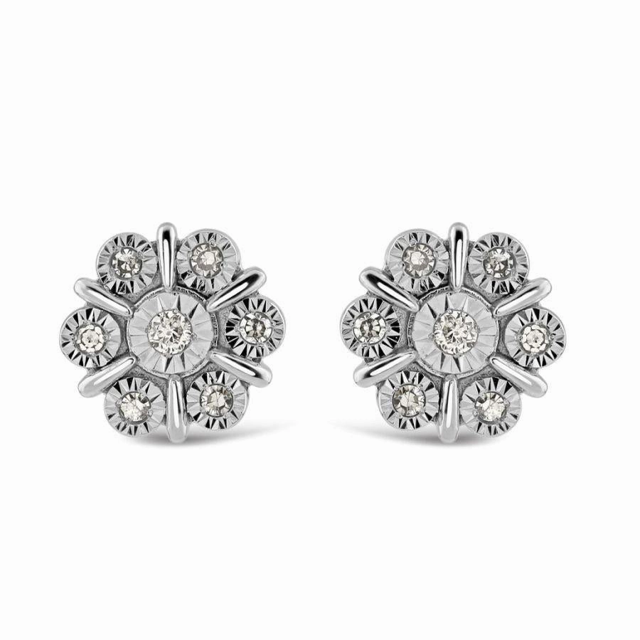 9ct White Gold Illusion Set Diamond Flower Cluster Stud Earrings texture-diamond  