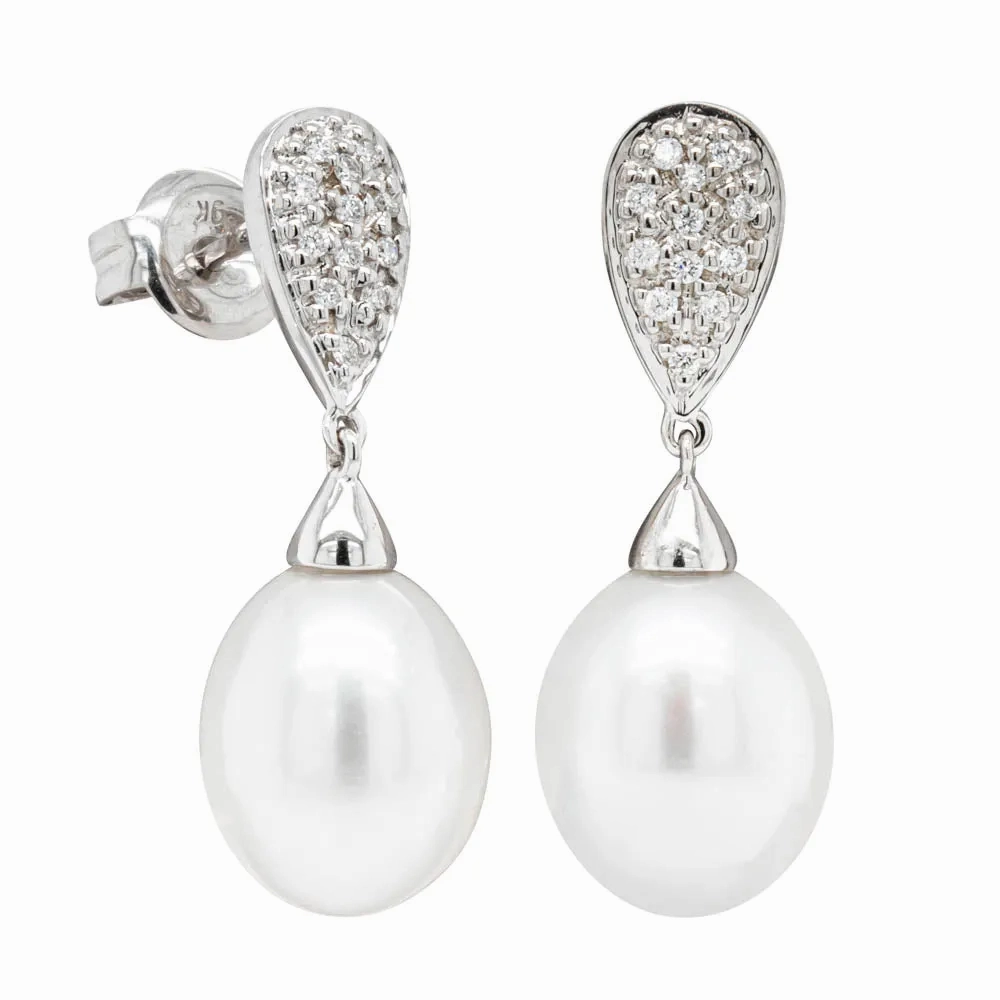 9ct White Gold Pearl &amp; Diamond Earrings