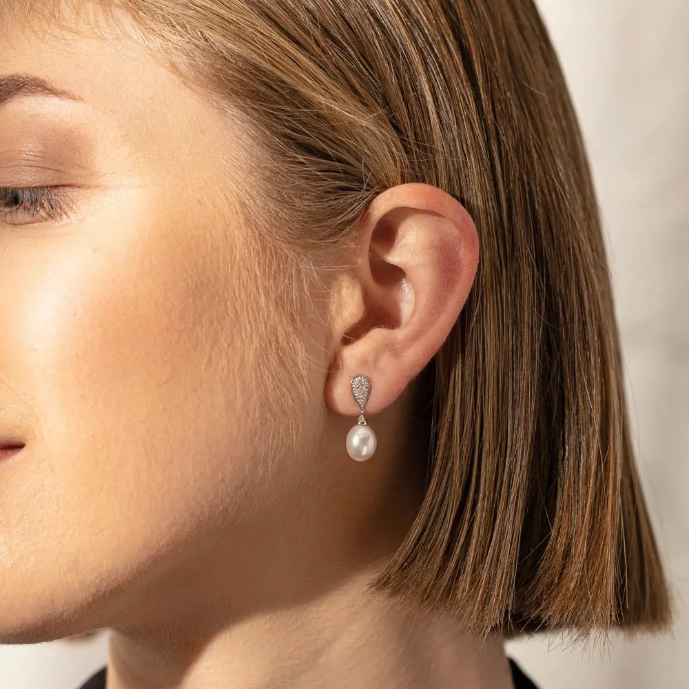 9ct White Gold Pearl &amp; Diamond Earrings