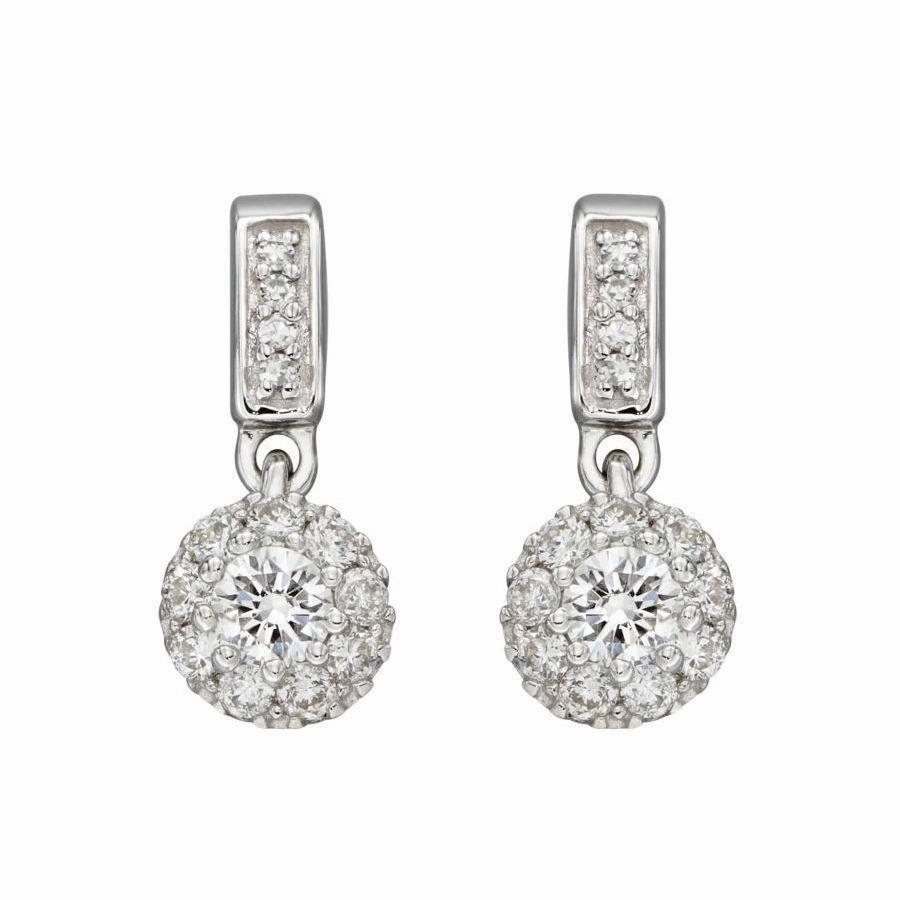 9ct White Gold Round Brilliant Cut Diamond Halo Cluster Drop Earrings texture-diamond  
