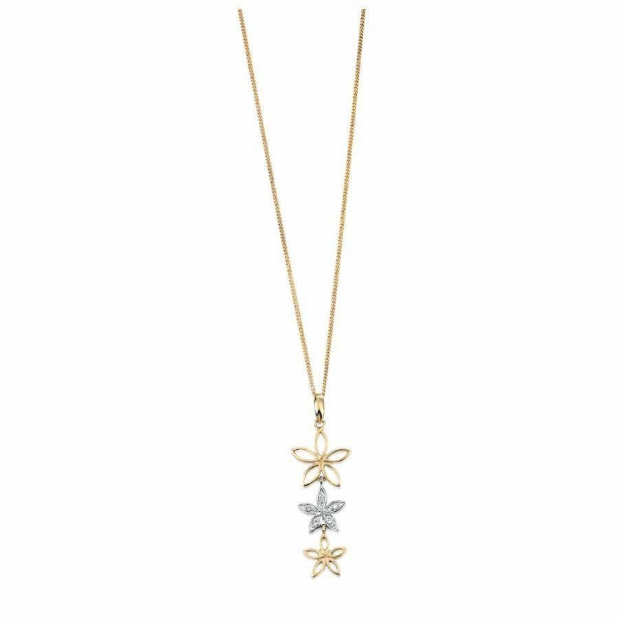 9ct Yellow & White Gold Diamond Set Triple Flower Drop Pendant texture-diamond  