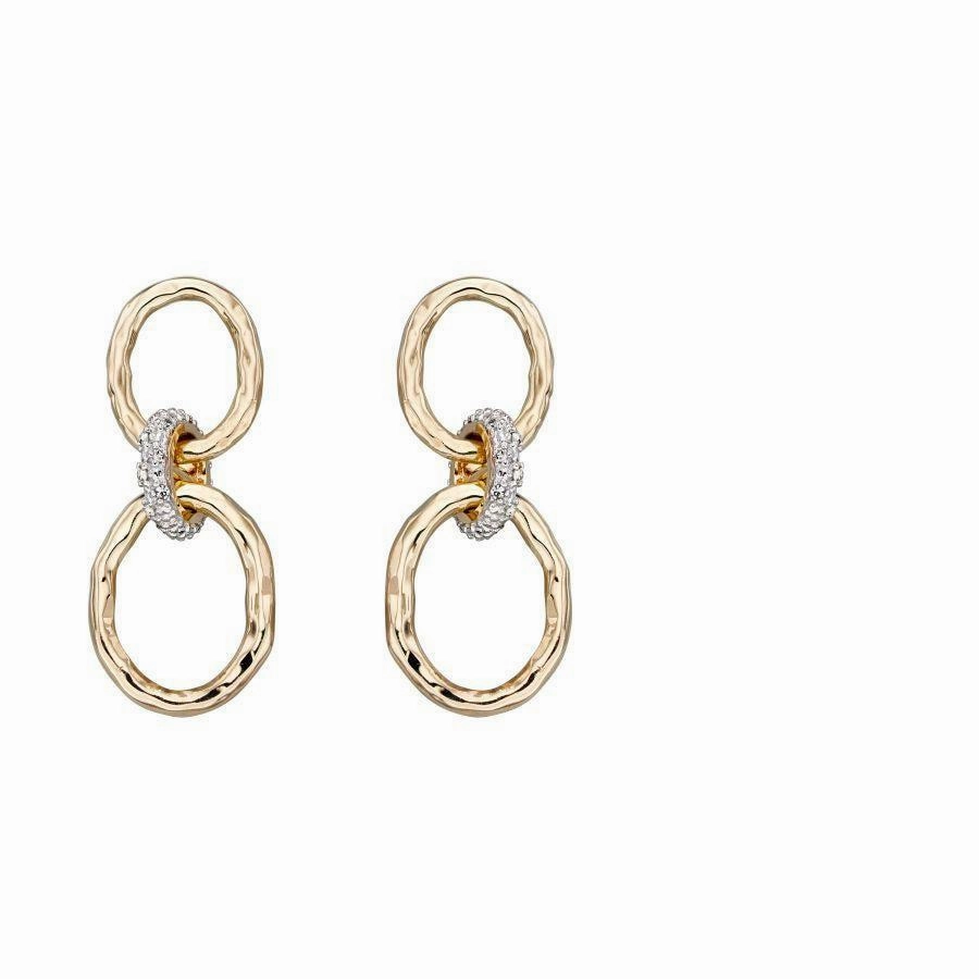 9ct Yellow Gold Diamond Set Hammered Loop Drop Earrings texture-diamond  