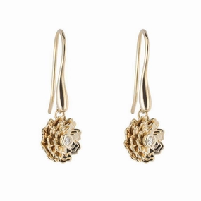 9ct Yellow Gold Diamond Set Peony Hook Drop Earrings texture-diamond  