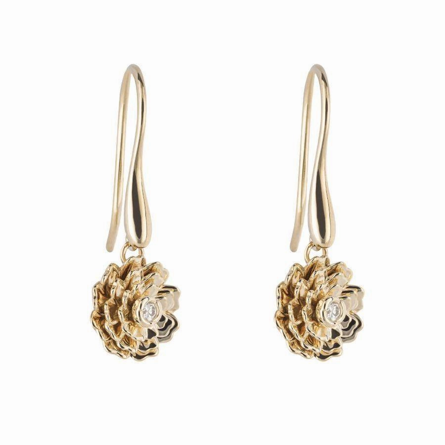 9ct Yellow Gold Diamond Set Peony Hook Drop Earrings texture-diamond  
