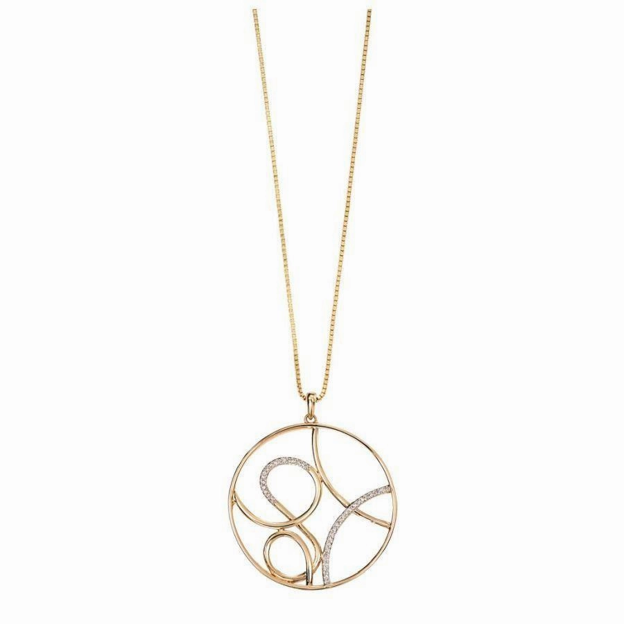 9ct Yellow Gold Diamond Set Round Scroll Pattern Pendant & Chain texture-diamond  