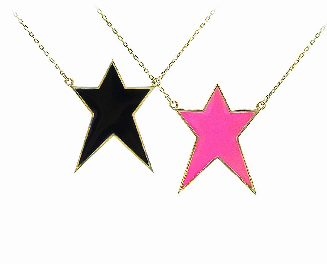 9K necklace with a pink or black enamel star pendant hand-chain-bracelet  