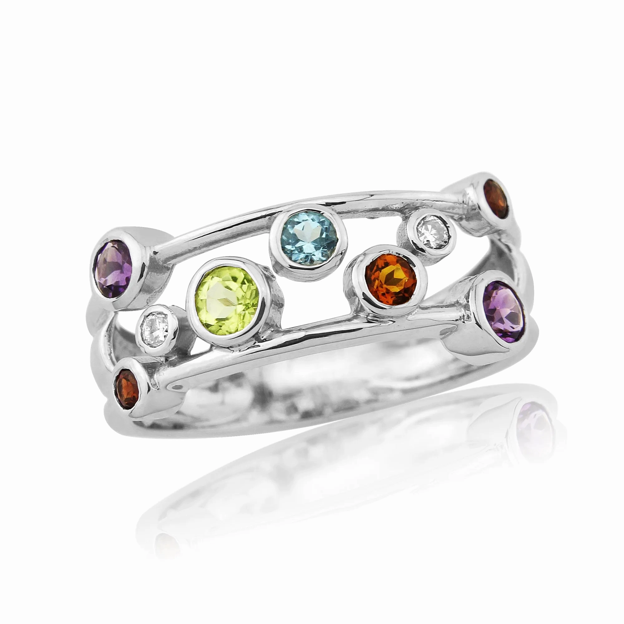 9K White Gold Multi Gem &amp; Diamond Bubble Ring