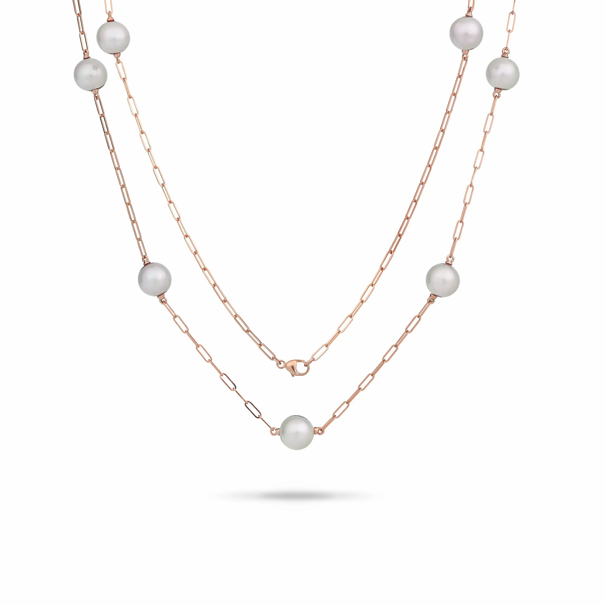 Adjustable 24&quot; Akoya White Pearl Paperclip Chain Necklace in Rose Gold