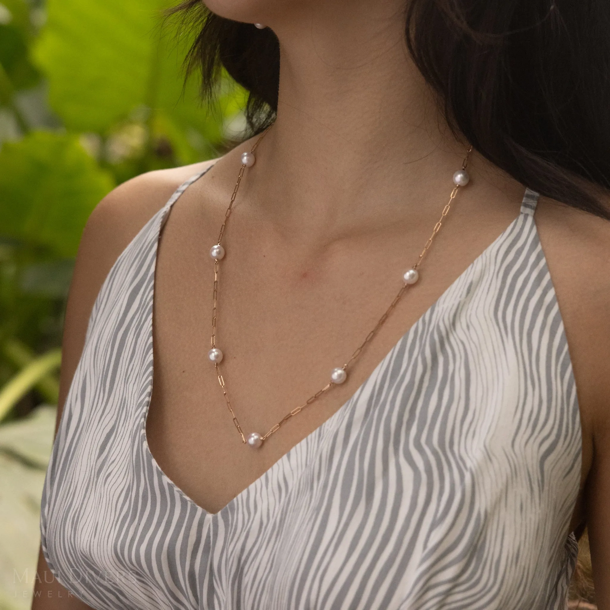 Adjustable 24&quot; Akoya White Pearl Paperclip Chain Necklace in Rose Gold