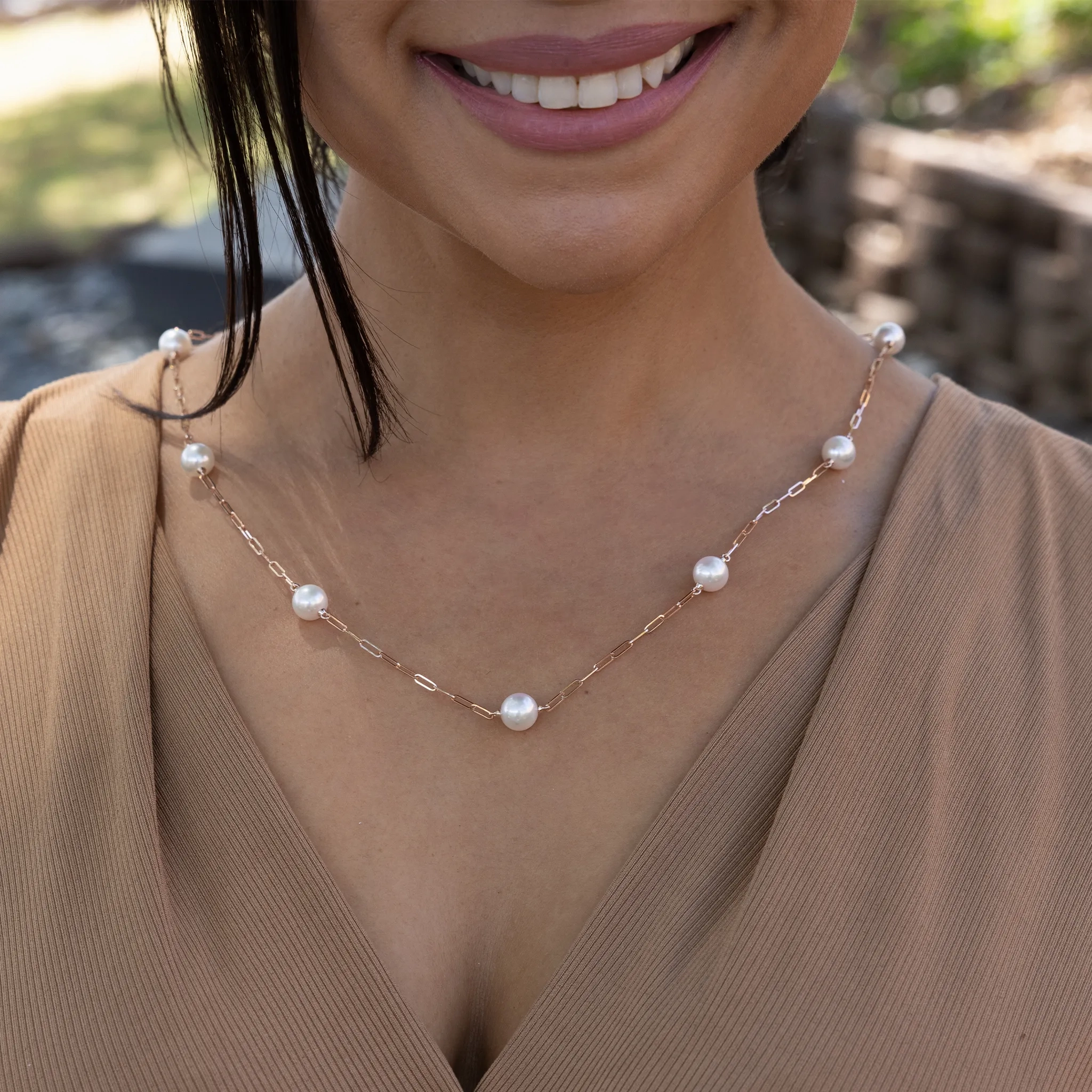 Adjustable 24&quot; Akoya White Pearl Paperclip Chain Necklace in Rose Gold