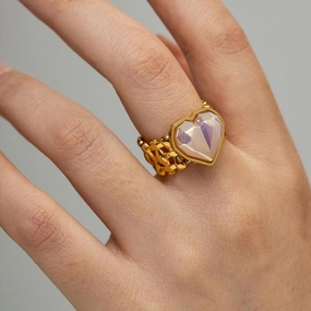 Adjustable Stainless Steel Mermaid Heart Ring with Shell Beads 