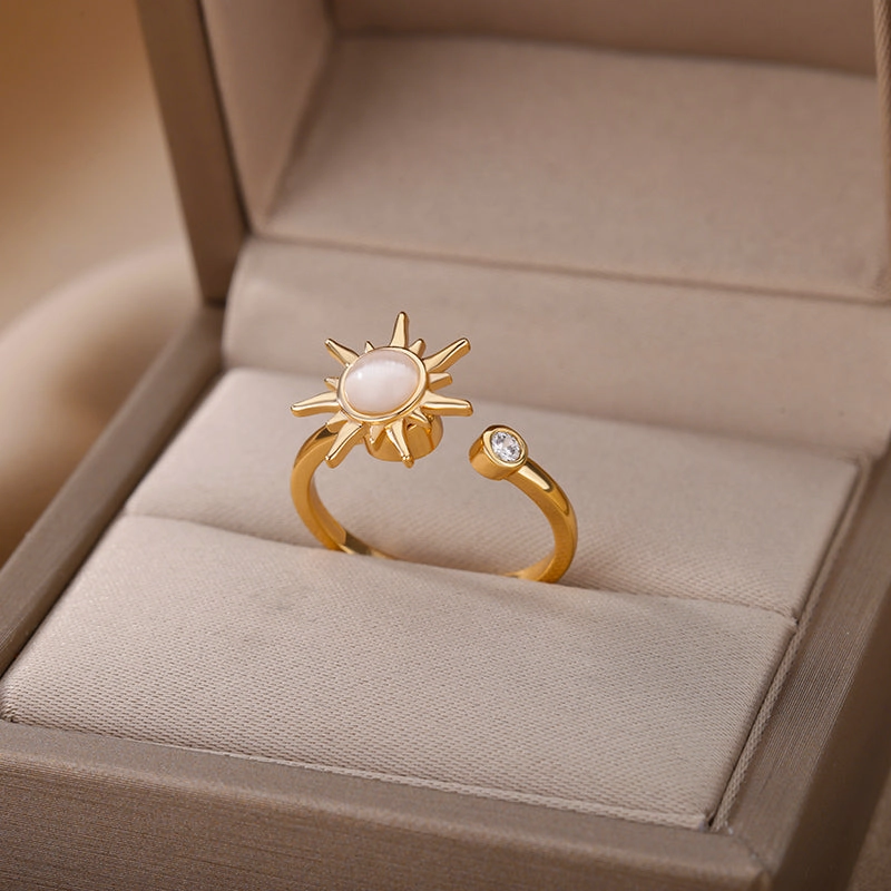 Adjustable Stainless Steel Opal Sun Ring  Trendy Geometric Charm for Women