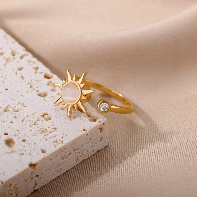Adjustable Stainless Steel Opal Sun Ring  Trendy Geometric Charm for Women