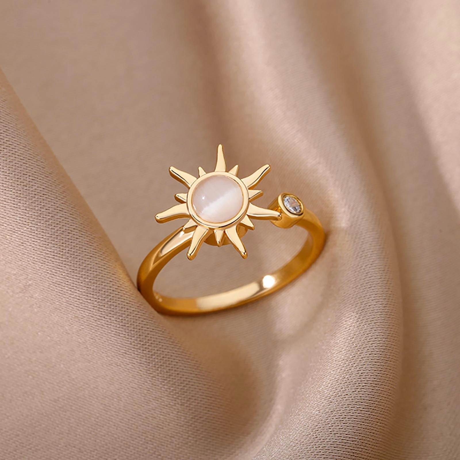 Adjustable Stainless Steel Opal Sun Ring  Trendy Geometric Charm for Women