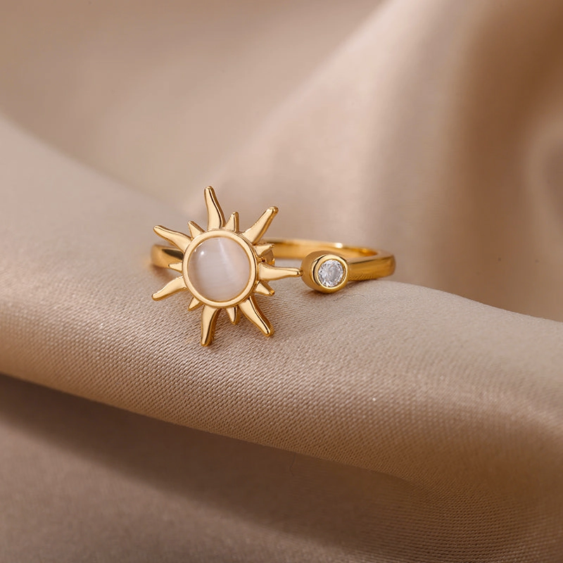Adjustable Stainless Steel Opal Sun Ring  Trendy Geometric Charm for Women