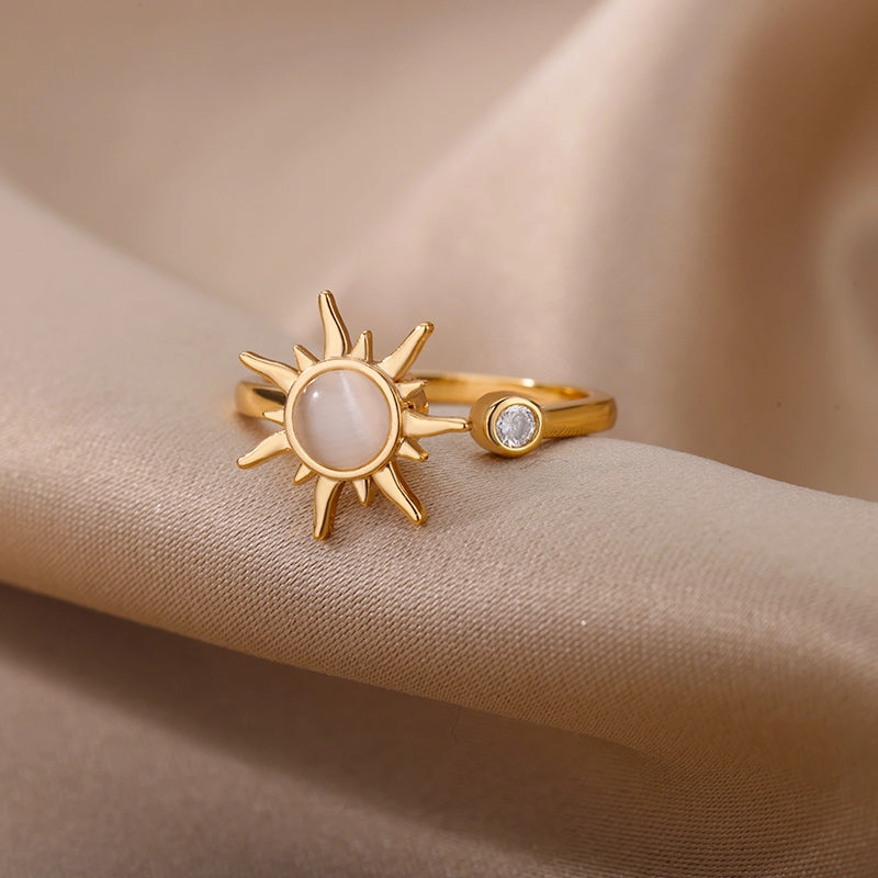 Adjustable Stainless Steel Opal Sun Ring  Trendy Geometric Charm for Women