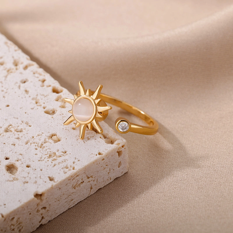 Adjustable Stainless Steel Opal Sun Ring  Trendy Geometric Charm for Women