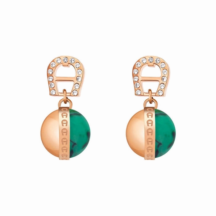 Aigner Analia Ladies Rose Gold Earrings With Malachite and Crystals 