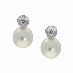 Akoya Pearl & Bezel Set Diamond 18ct White Gold Earrings texture-pearl  