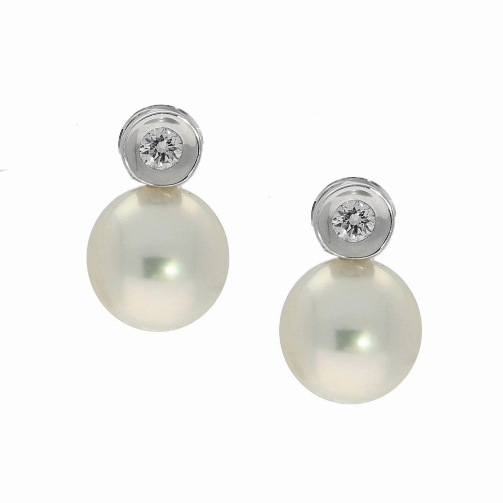 Akoya Pearl & Bezel Set Diamond 18ct White Gold Earrings texture-pearl  