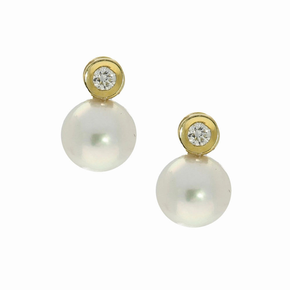 Akoya Pearl & Bezel Set Diamond 18ct Yellow Gold Earrings texture-pearl  