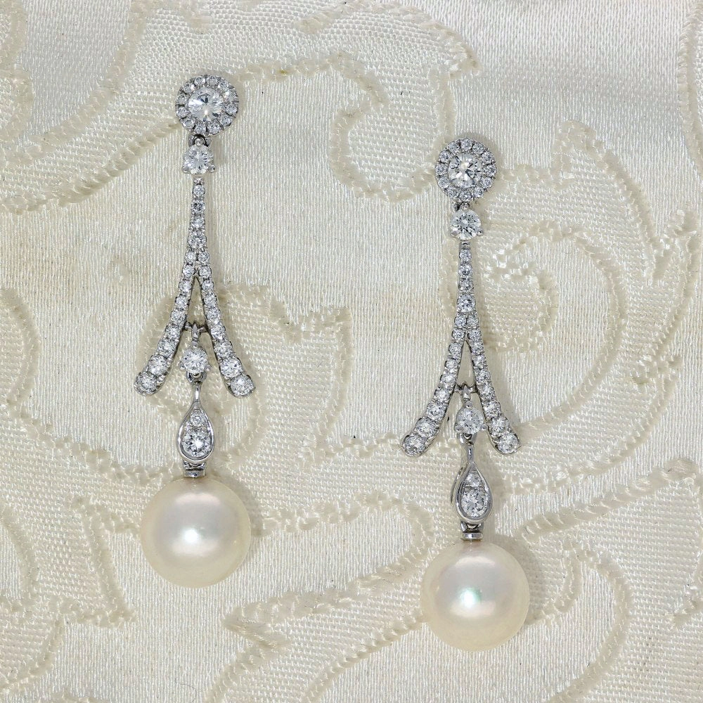 Akoya Pearl & Diamond 18ct White Gold Drop Earrings texture-pearl  