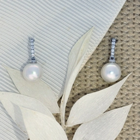 Akoya Pearl & Diamond 18ct White Gold Drop Earrings texture-pearl  