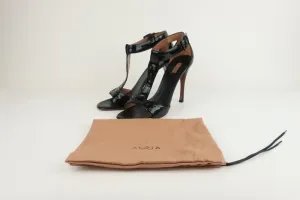 Alaia T-Band Sandalen Schwarz Lackleder Größe 38.5 Offene Zehen Absatz