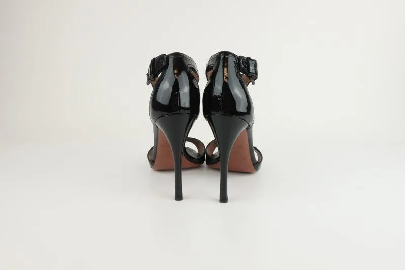 Alaia T-Band Sandalen Schwarz Lackleder Größe 38.5 Offene Zehen Absatz
