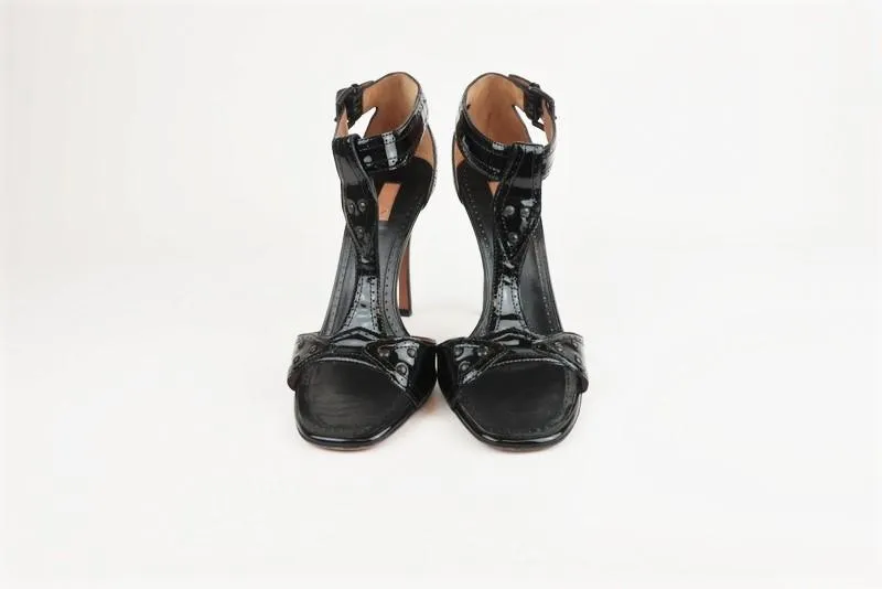 Alaia T-Band Sandalen Schwarz Lackleder Größe 38.5 Offene Zehen Absatz