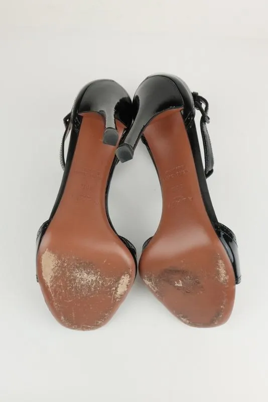 Alaia T-Band Sandalen Schwarz Lackleder Größe 38.5 Offene Zehen Absatz
