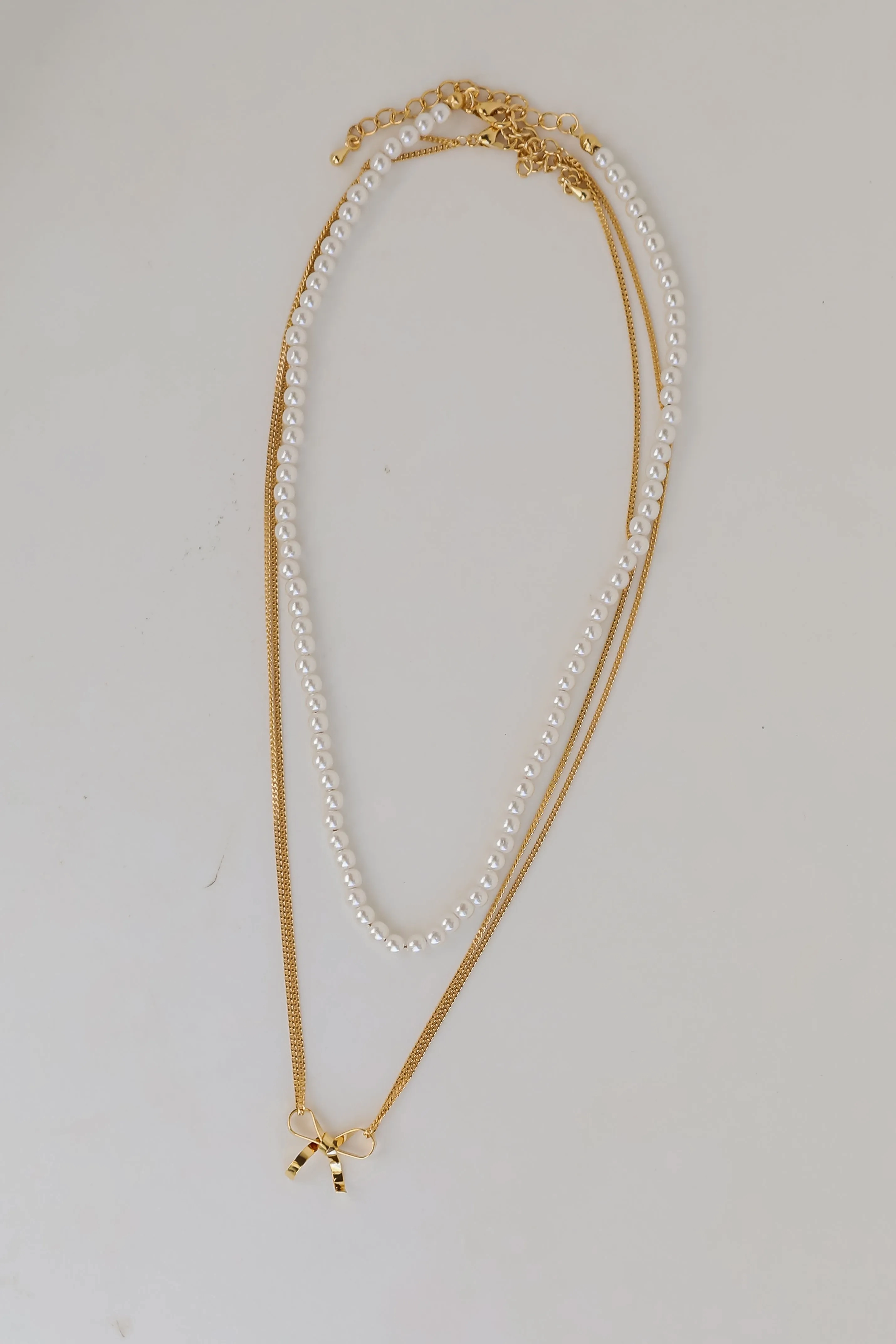Allison Gold Pearl Bow Charm Layered Necklace