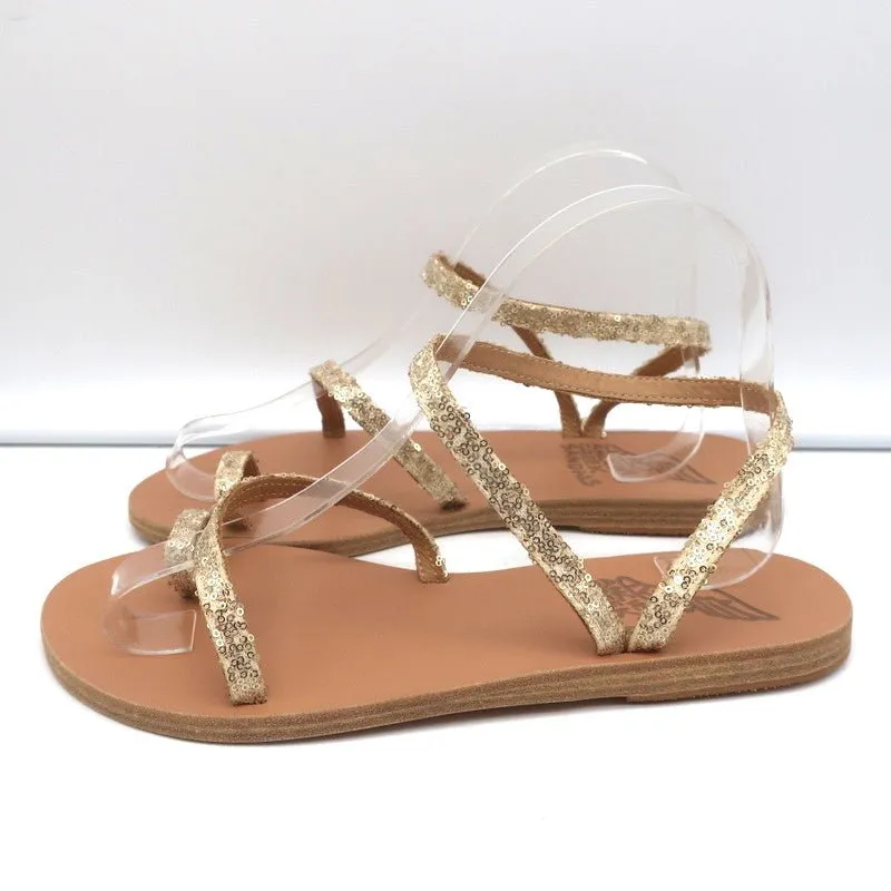 Antike griechische Sandalen Eleftheria mit Knöchelriemen Gold Glitzer Größe 38 NEU