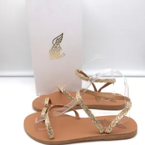 Antike griechische Sandalen Eleftheria mit Knöchelriemen Gold Glitzer Größe 38 NEU