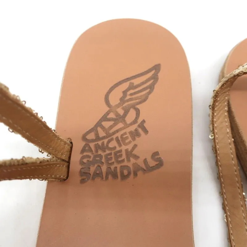 Antike griechische Sandalen Eleftheria mit Knöchelriemen Gold Glitzer Größe 38 NEU