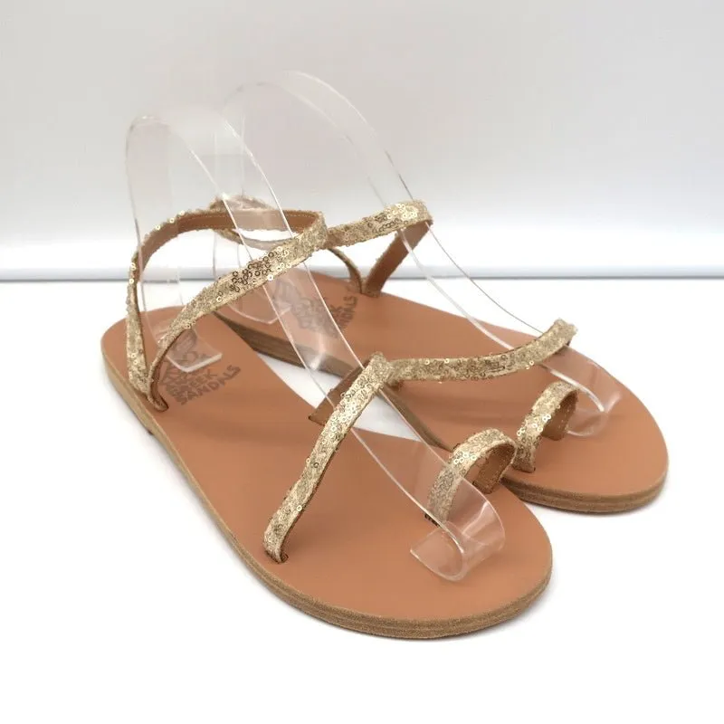 Antike griechische Sandalen Eleftheria mit Knöchelriemen Gold Glitzer Größe 38 NEU