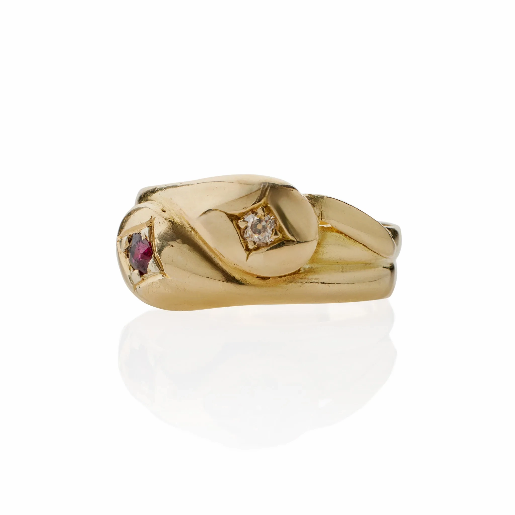 Antique English 18K Gold, Diamond and Ruby Double Snake Ring