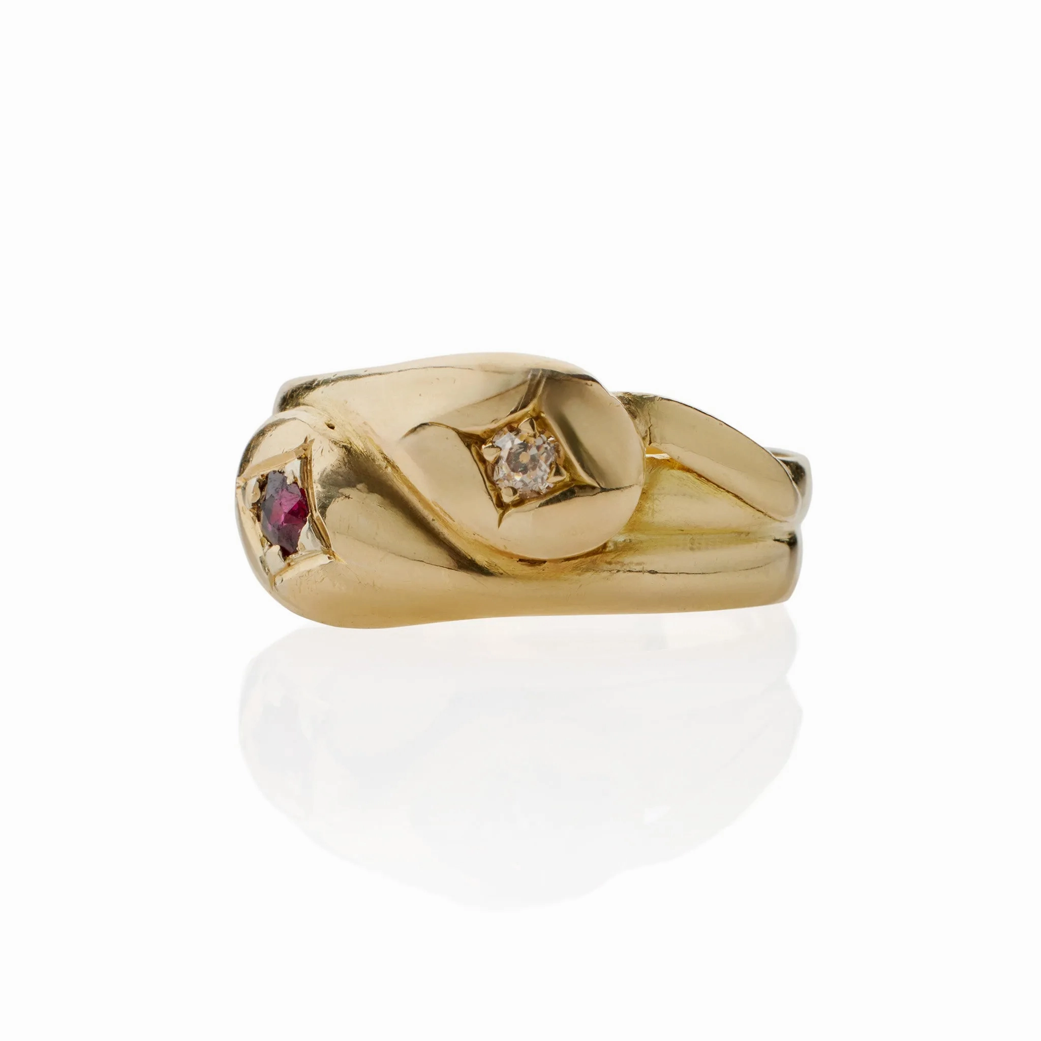 Antique English 18K Gold, Diamond and Ruby Double Snake Ring