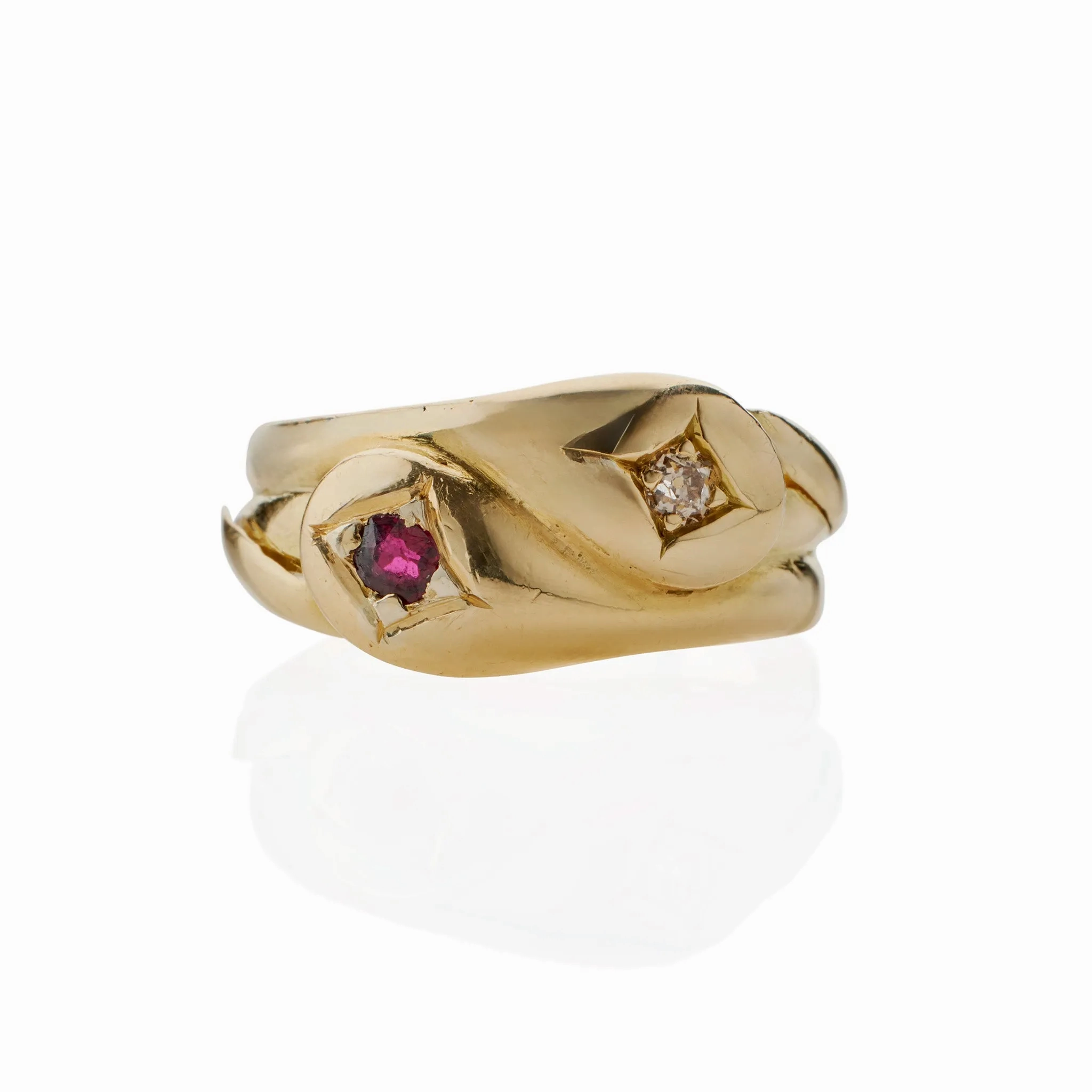 Antique English 18K Gold, Diamond and Ruby Double Snake Ring