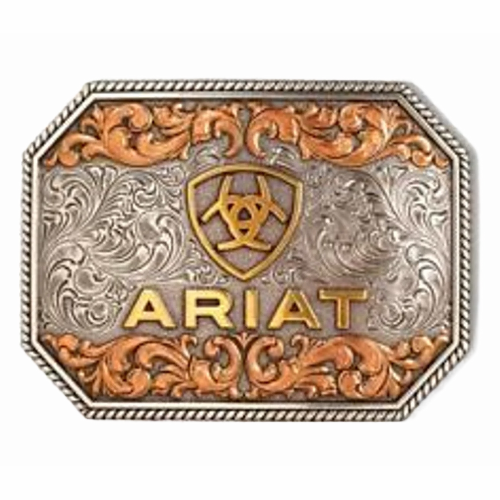 Ariat Tri-Tone Raised Logo Rectangle Belt Buckle texture-rose-gold  