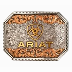 Ariat Tri-Tone Raised Logo Rectangle Belt Buckle texture-rose-gold  