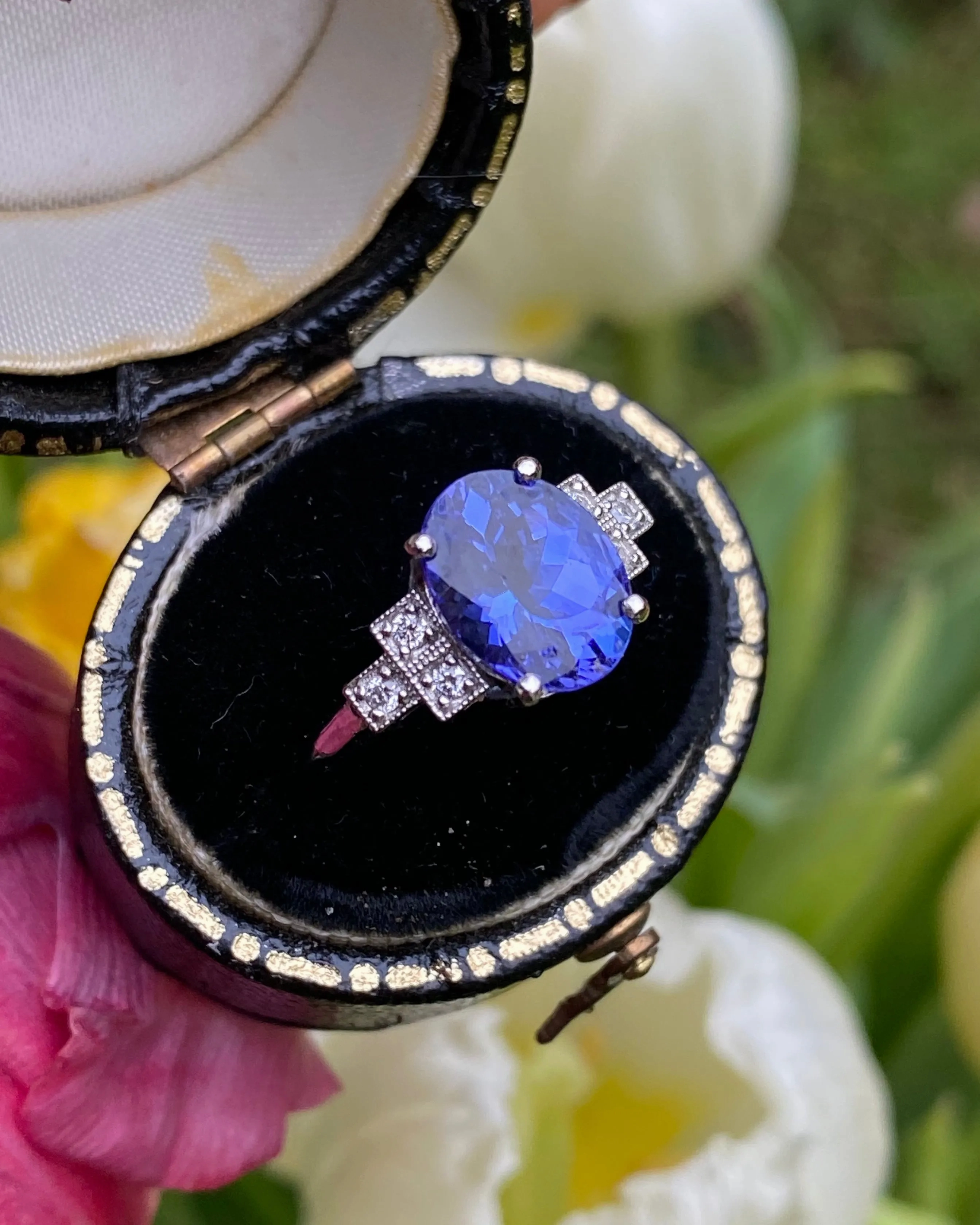 Art Deco Tanzanite and Diamond Platinum Ring 0.16ct   2.38ct