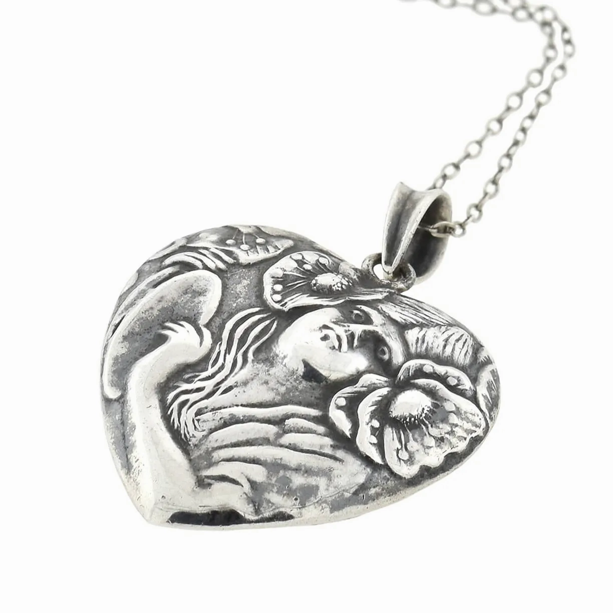 Art Nouveau Sterling Repousse Heart-Shaped Pendant Necklace