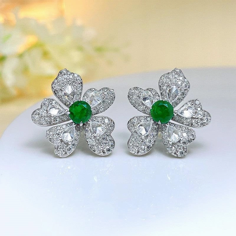 Artificial Emerald Flower Earrings 925 Silver Plated 