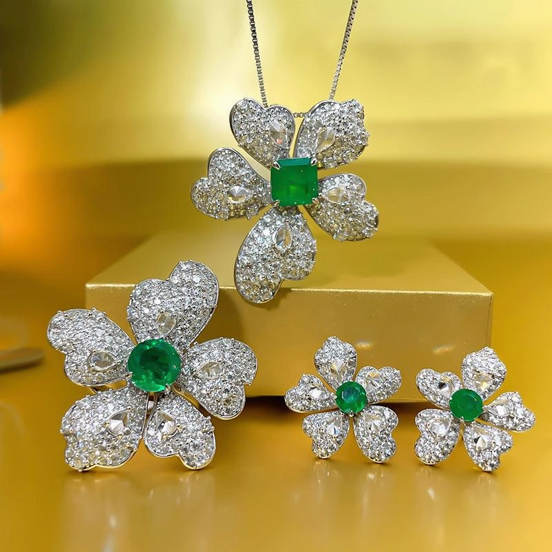 Artificial Emerald Flower Earrings 925 Silver Plated