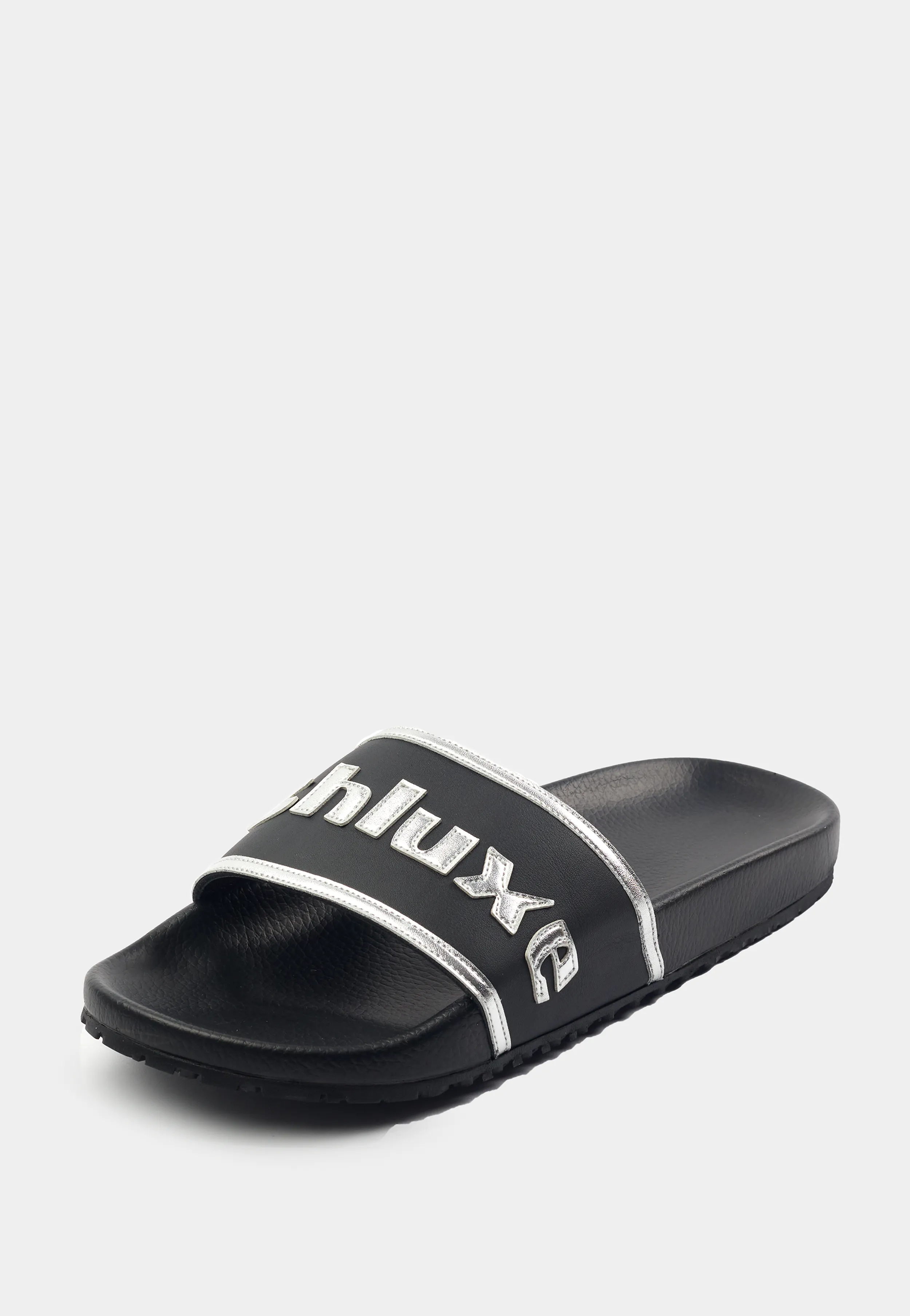 Ashluxe Gestickte Leder-Slides - Schwarz