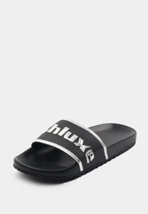 Ashluxe Gestickte Leder-Slides - Schwarz