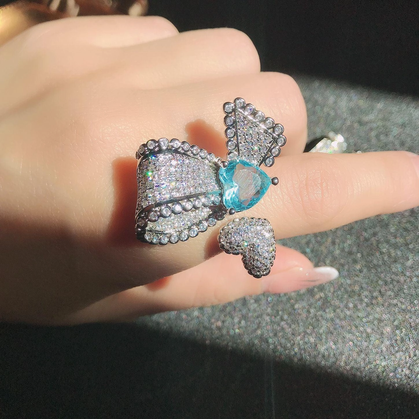 Asymmetrical Design Ring Micro - Studded Zirconium Butterfly Ring For Women