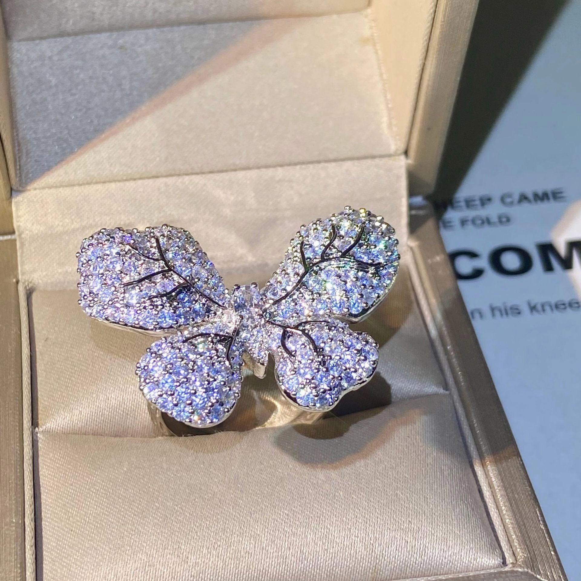 Atmospheric Diamond Temperament Female Group Inset Zircon Butterfly Opening Ring Jewelry