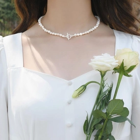 Baroque Pearl Necklace 925 Silver OT Buckle Female 